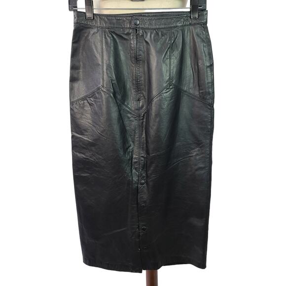 G 111 Black Leather Lined Vintage Skirt Unique Snap Slit Midi Maxi SM MD - Picture 2 of 4